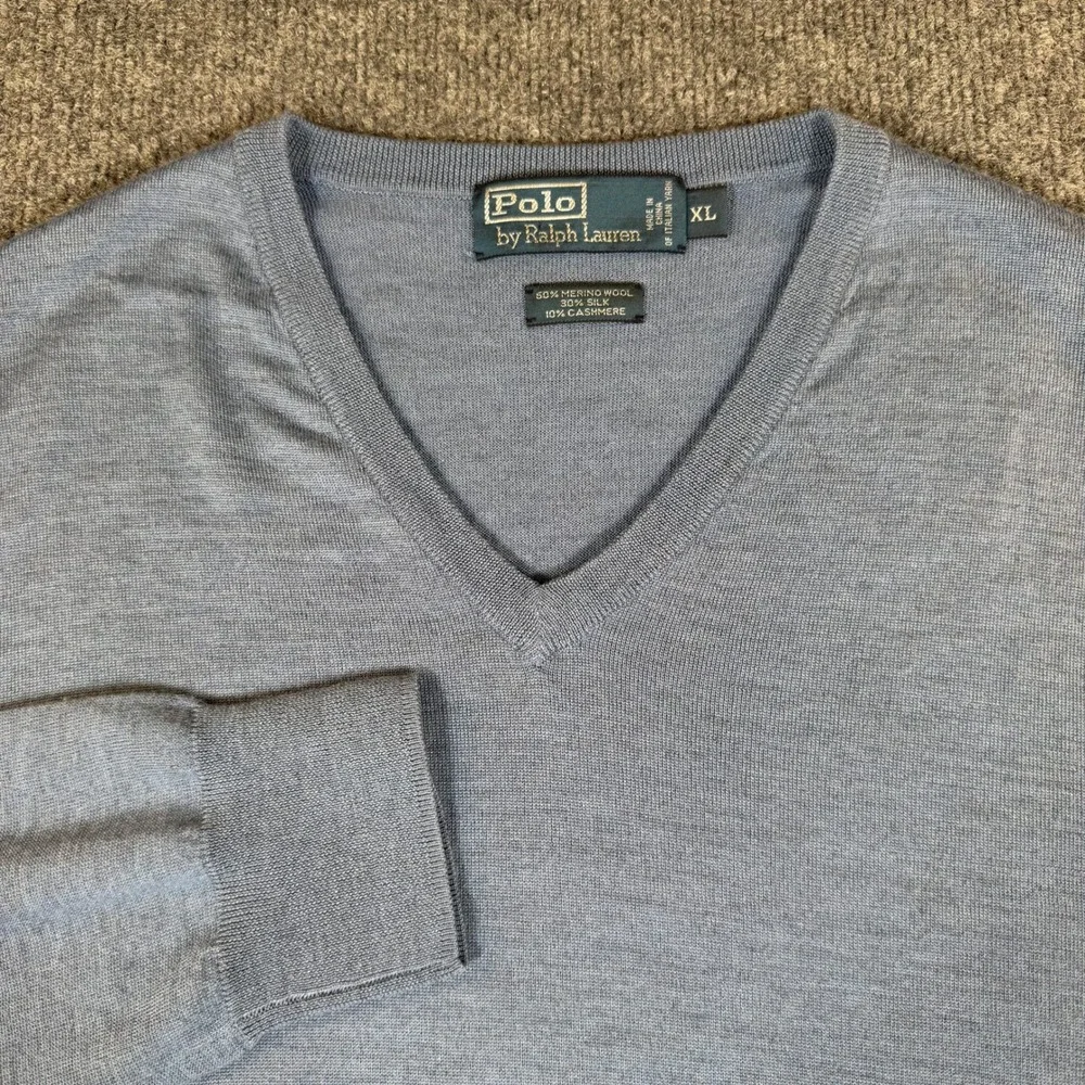 Polo Ralph Lauren Mens XL Blue Merino Wool Silk Cashmere V-Neck Sweater #3098